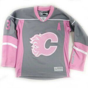 Women's Reebok NHL Calgary Flames #3 Dion Phaneuf Gray Pink Jersey Size Small
